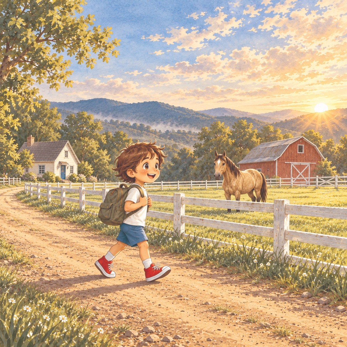 Billy walks toward school on the road outside the white pasture fence, with his home to the left and the red barn ahead to the right.