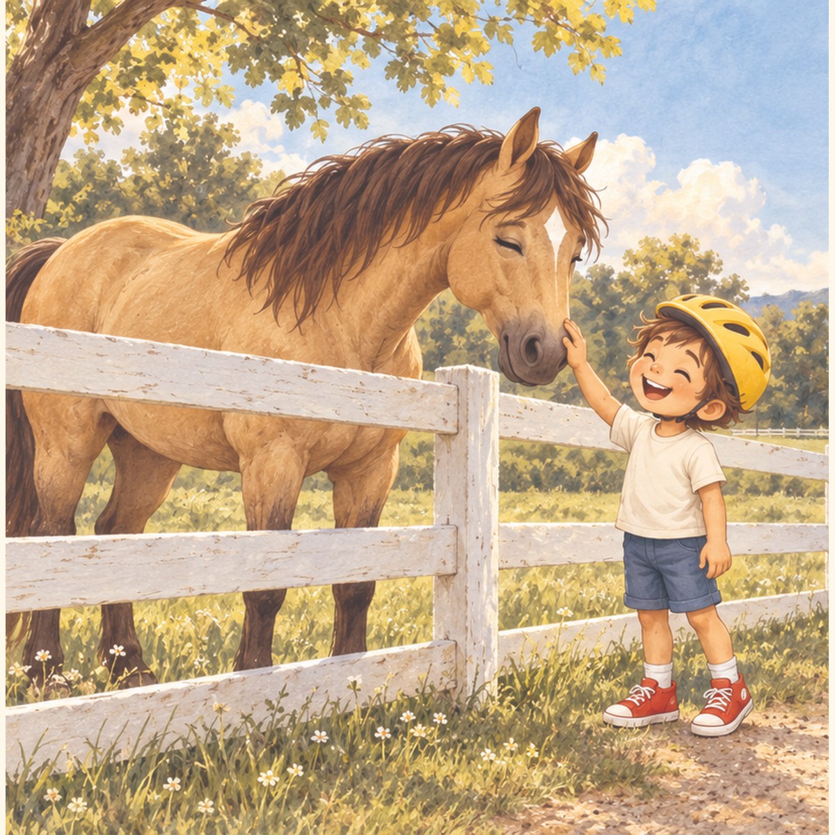 Billy gently pets his horse friend across the white pasture fence.