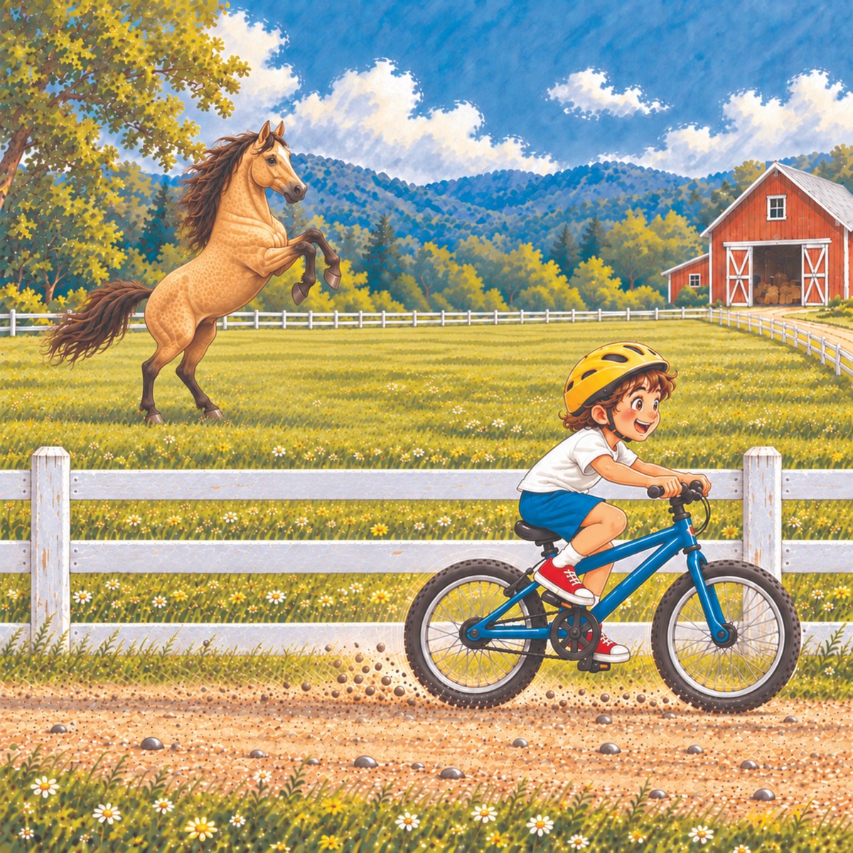 The horse rises onto its back legs as Billy pedals into an early lead toward the barn.