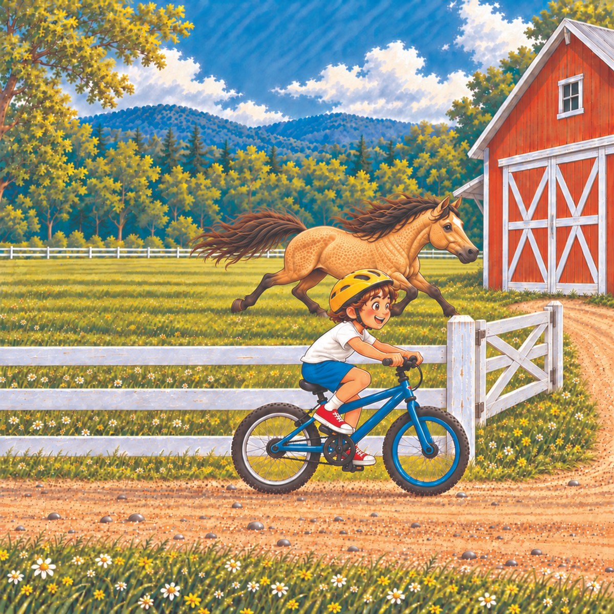 The horse reaches the finish beside the closed barn gate just ahead of Billy, winning by a nose.