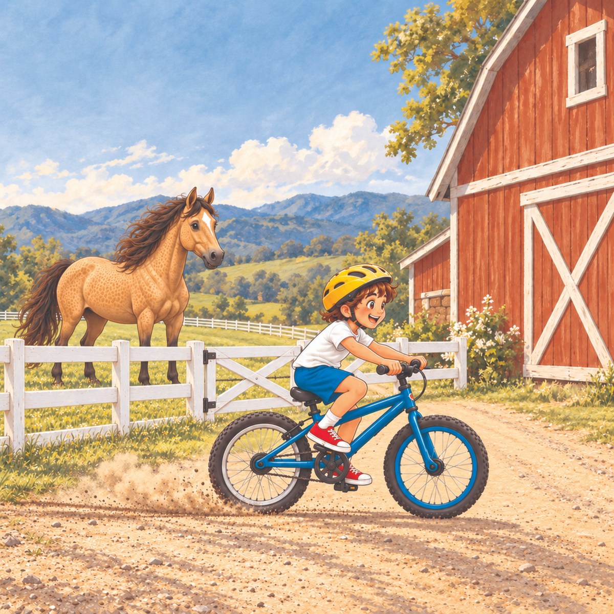 Billy stays seated on his blue bicycle as he slides to a stop beside the red barn.