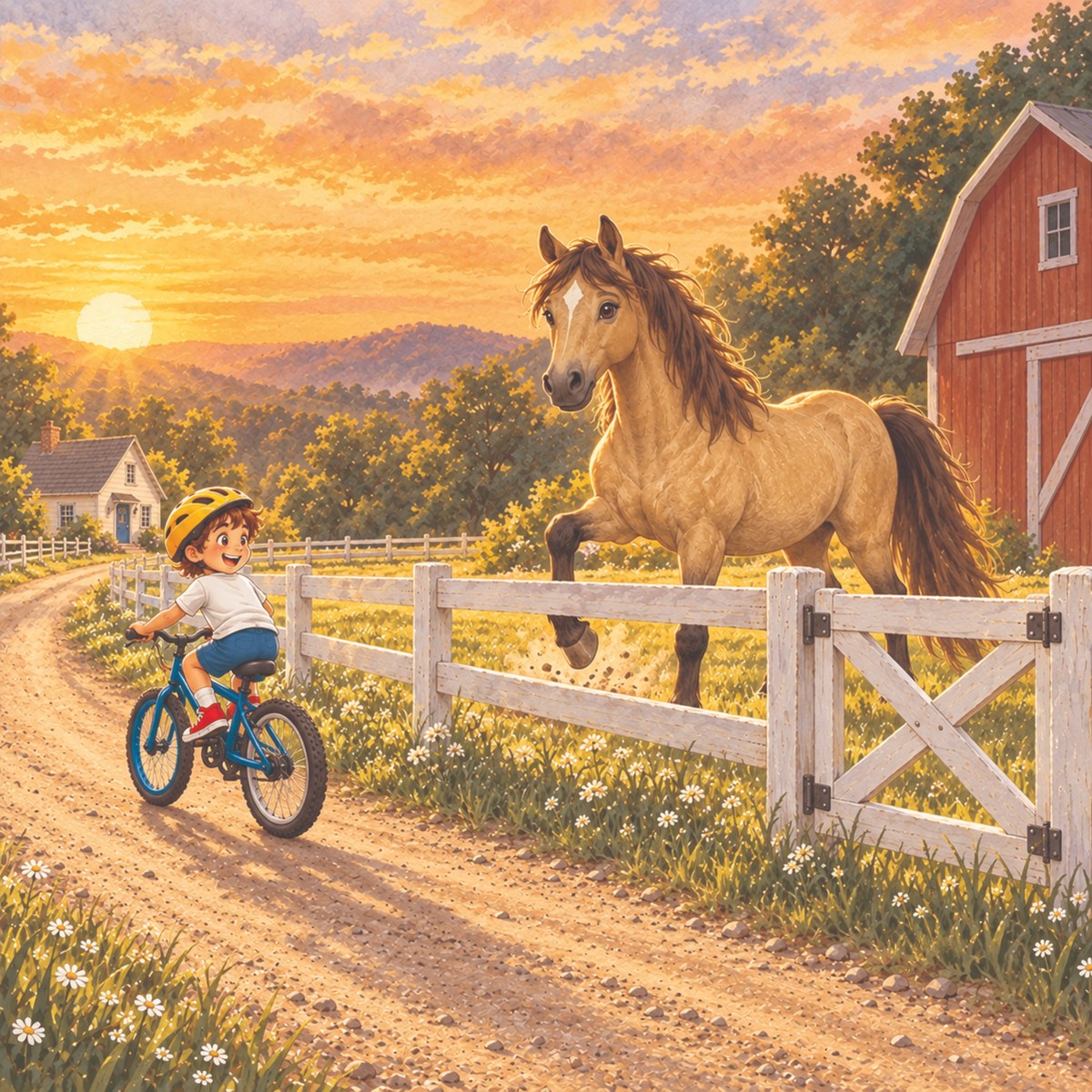 Billy cycles home to the left at sunset while the horse stamps a hoof beside the barn.